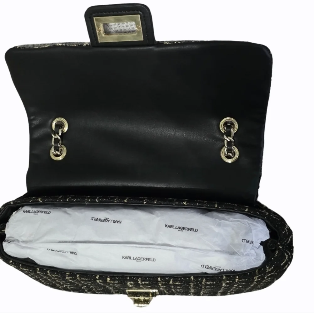 Karl Lagerfeld Tweed & Leather Bag w/ Adjustable Chain Strap NWT